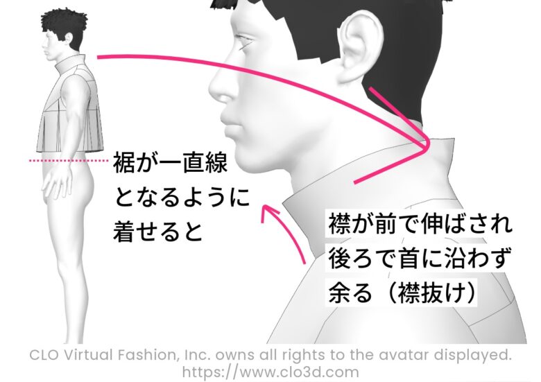 裾が一直線となるようにレディース原型を着せた男性アバター【コラム】メンズとレディース、フリーランスパタンナーがパターンの違いを解説