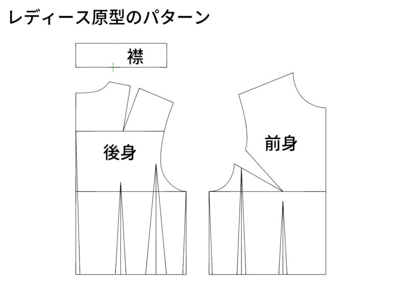 前身と後身と立ち襟のレディース原型のパターン【コラム】メンズとレディース、フリーランスパタンナーがパターンの違いを解説