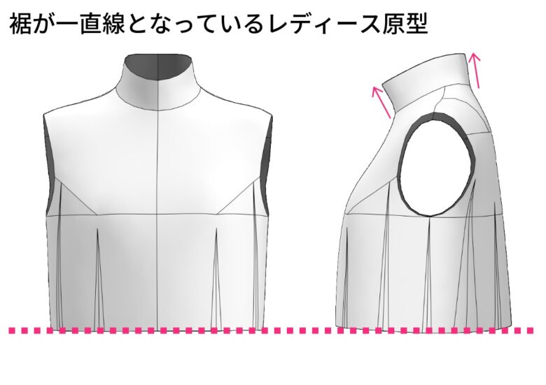 裾が一直線となっているレディース原型【コラム】メンズとレディース、フリーランスパタンナーがパターンの違いを解説