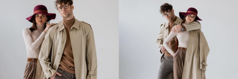 灰色の横長画像に、おしゃれな秋の服を着てポーズをとる若いカップルのコラージュ【コラム】メンズとレディース、フリーランスパタンナーがパターンの違いを解説